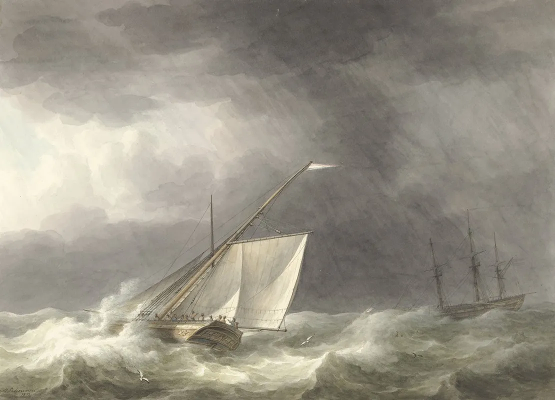 Twee Zeilschepen Op Woelige Zee by Martinus Schouman - Canvas Print