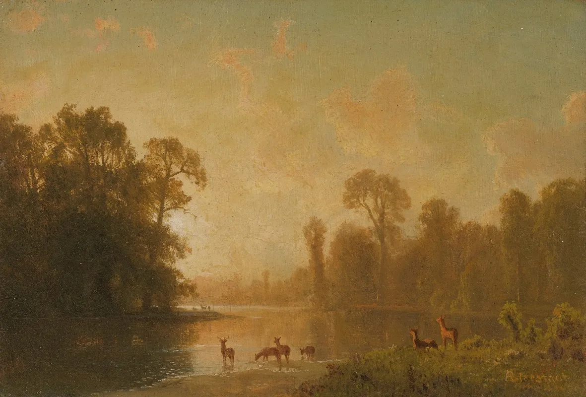 Twilight With Deer by Albert Bierstadt - Canvas Print