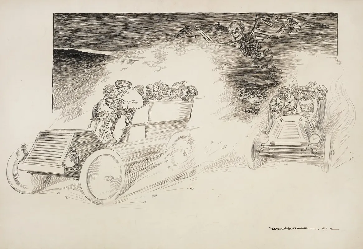 Two Cars Full Of People Drive Down A Road Oblivious Of The Dead Bodies In The Road Behind Them And The Skeleton Death Floating Above Them