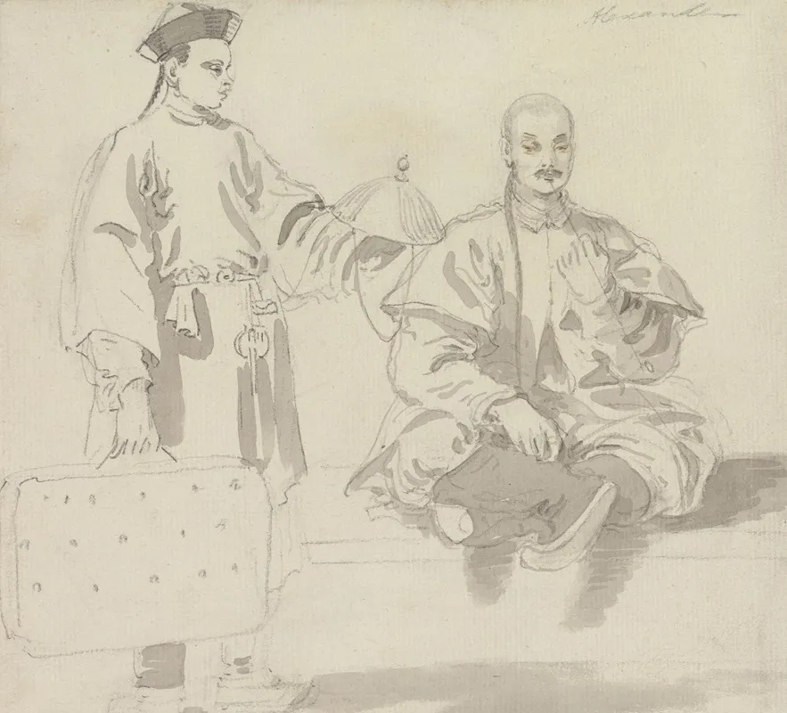Two Chinese Figures A Seller Of Hats And A Man Sitting Cross Legged Smoking A Pipe