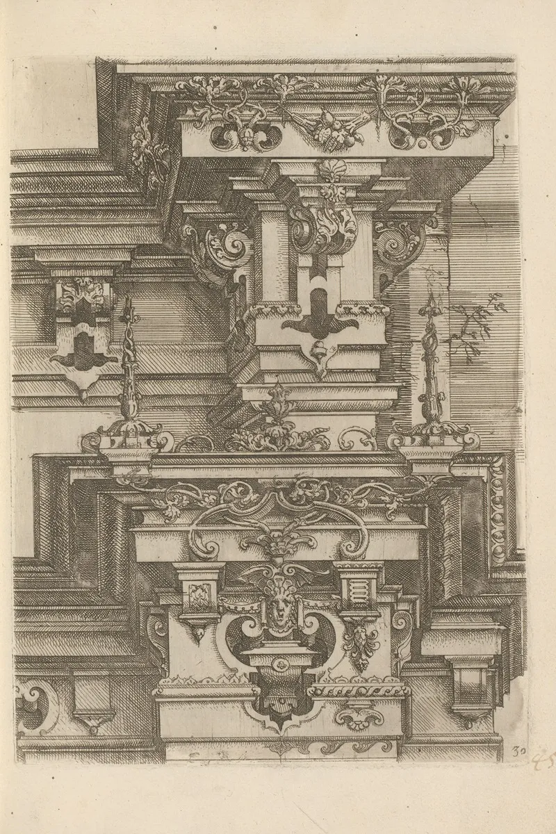 Two Composite Capitals With Two Crowns And Decorated With Foliage Volutes And A Mascaron by Wendel Dietterlin - Canvas Print