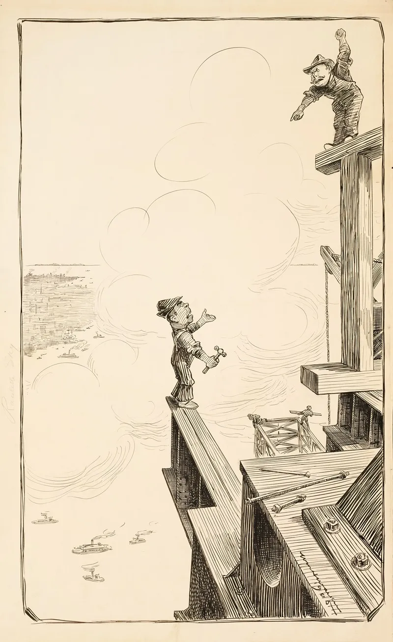 Two Construction Workers Shout At Each Other While Building A Structure by William Henry Walker - Canvas Print