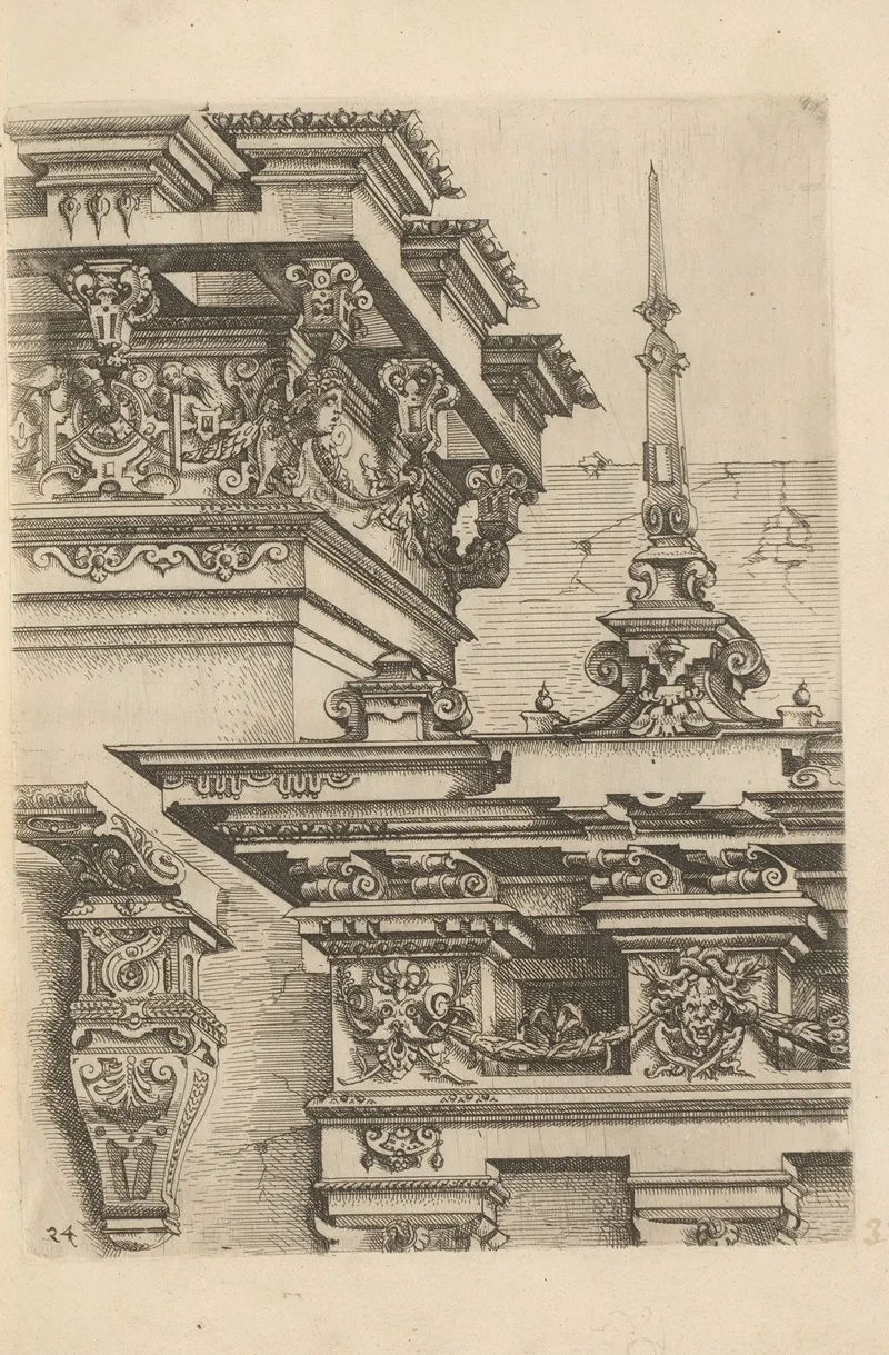 Two Corinthian Capitals With Console And Decorated With Garlands And Mascarons by Wendel Dietterlin - Canvas Print