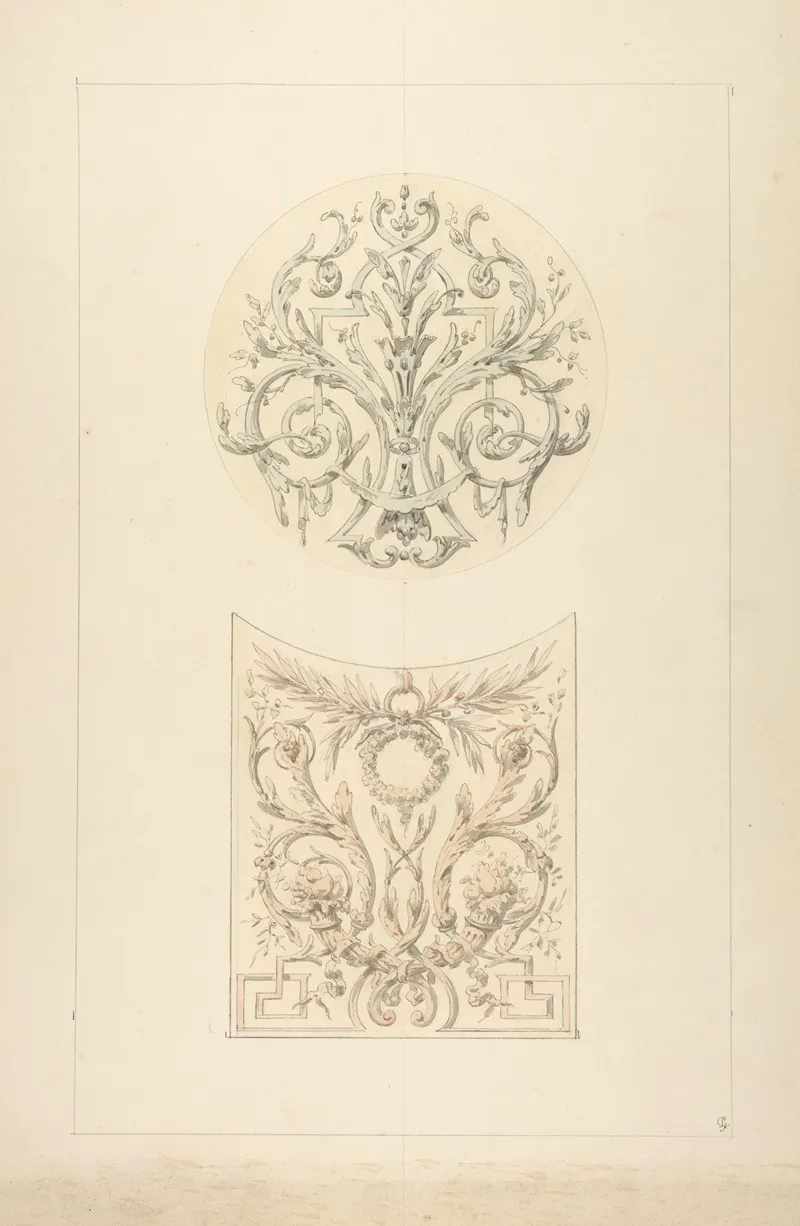 Two Designs For Decorative Motifs Featuring Cornucopia And Rinceaux