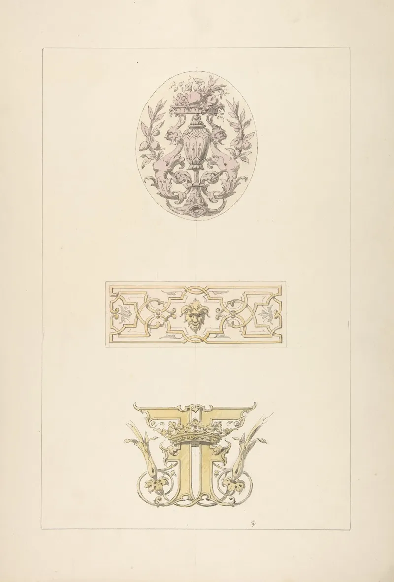 Two Designs For Decorative Panels And One Design For An Ornamental Monogram With A Crown And The Initials Ff