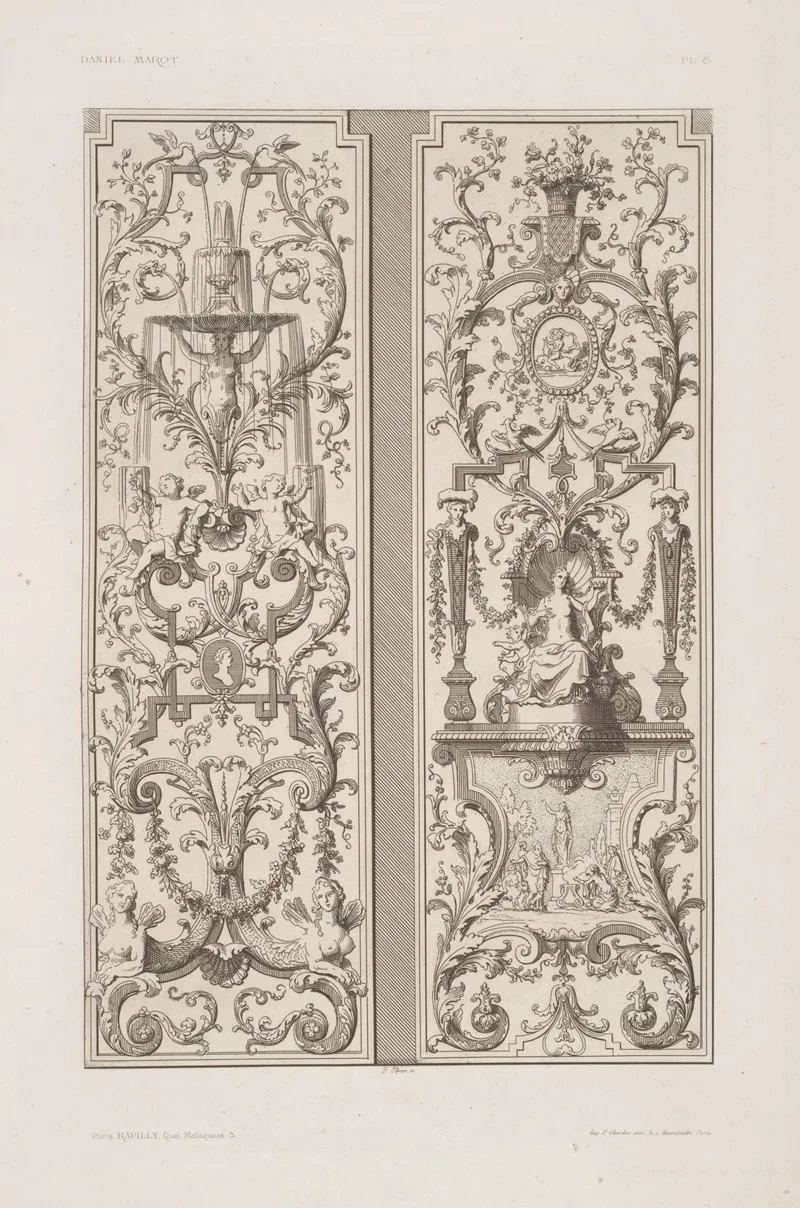Two Designs One With Fountain One With Half Nude Woman Seated by André-Charles Boulle - Canvas Print