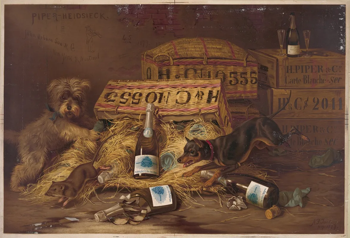 Two Dogs Chasing Mouse Through Open Case Of Champagne by Herman Bencke - Canvas Print