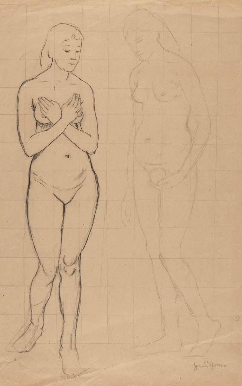Two Female Nudes En Face With Arms Crossed Over The Chest