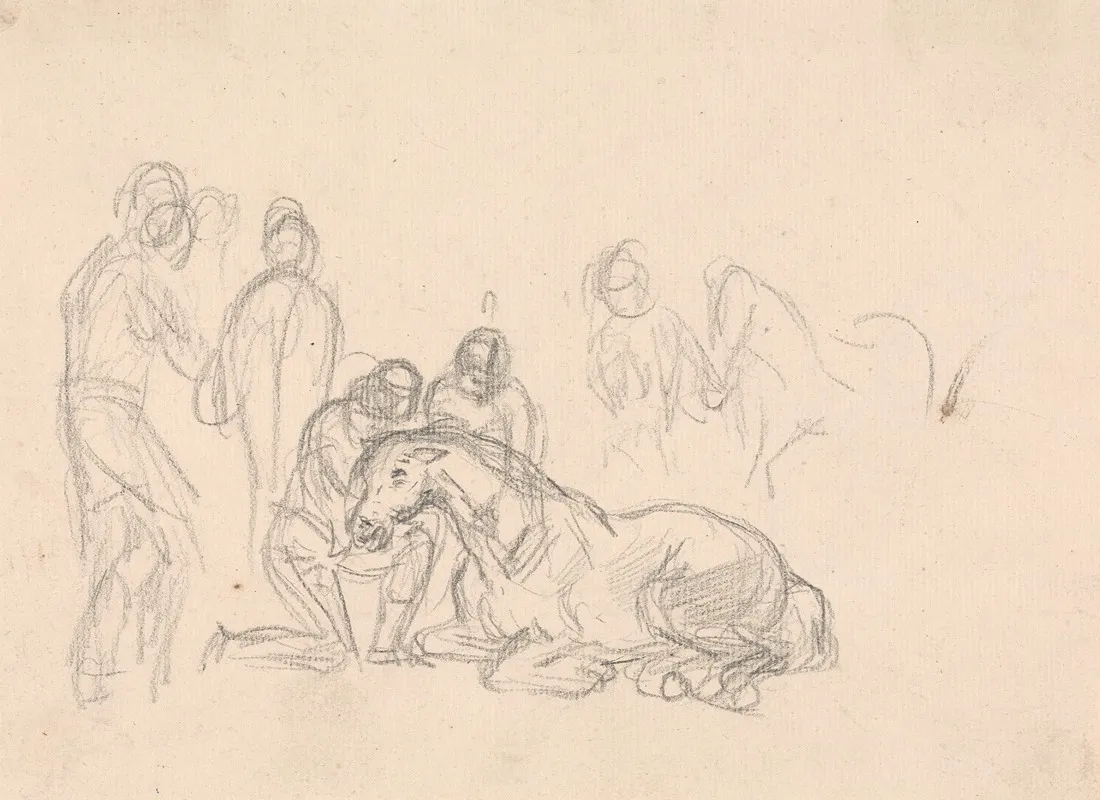 Two Figures Kneeling Beside A Horse