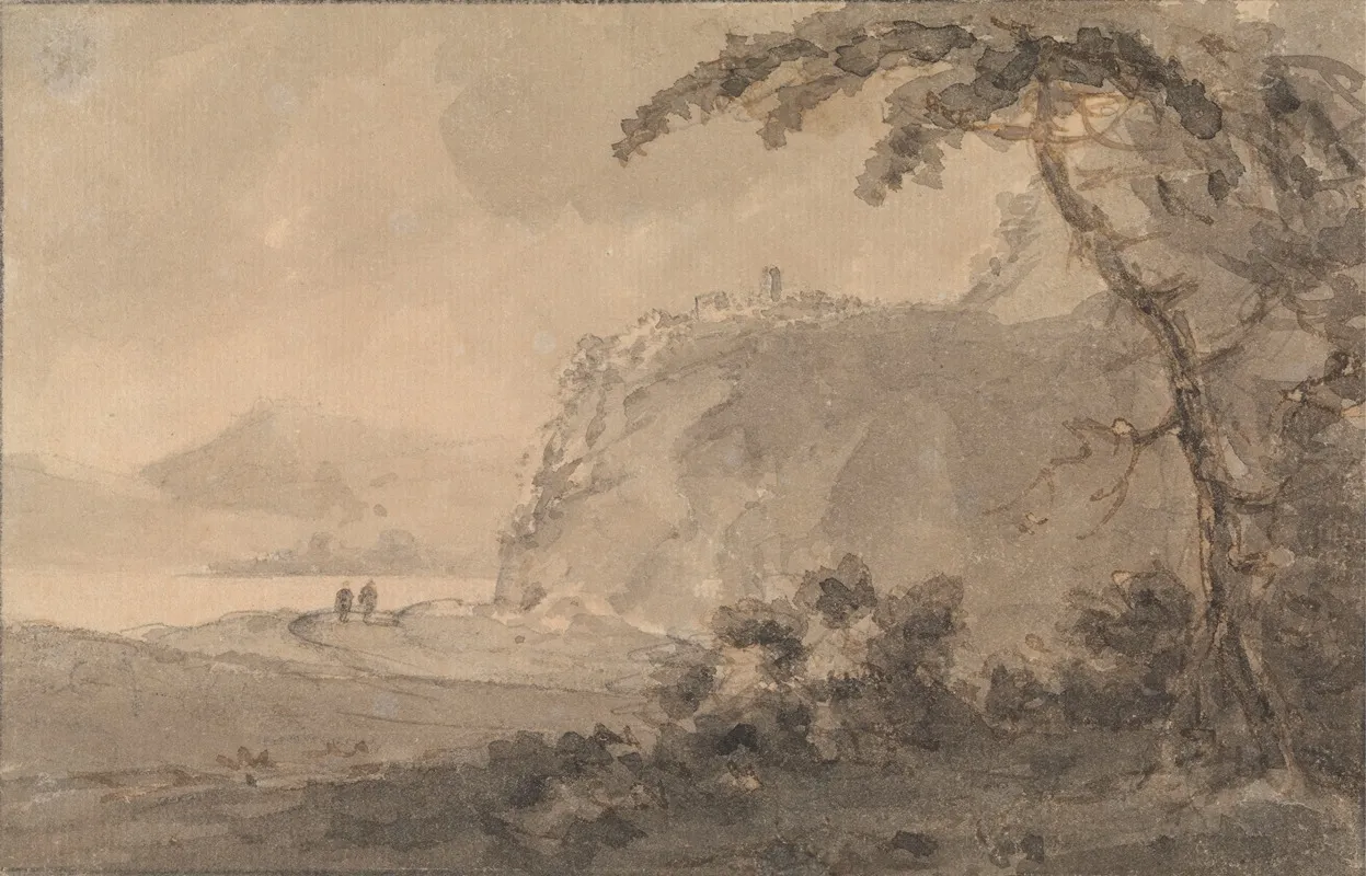 Two Figures On A Road By A Lake