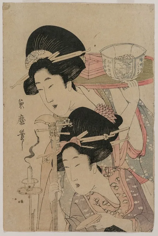 Two Geishas Beside A Candle by Kitagawa Tsukimaro - Canvas Print