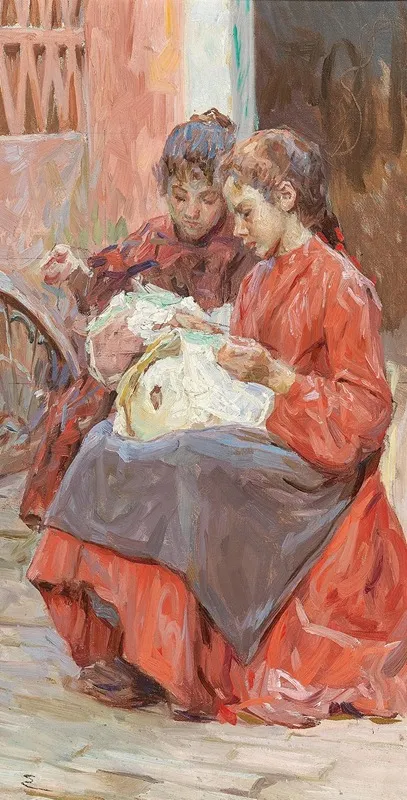 Two Girls Engaged In Needlework