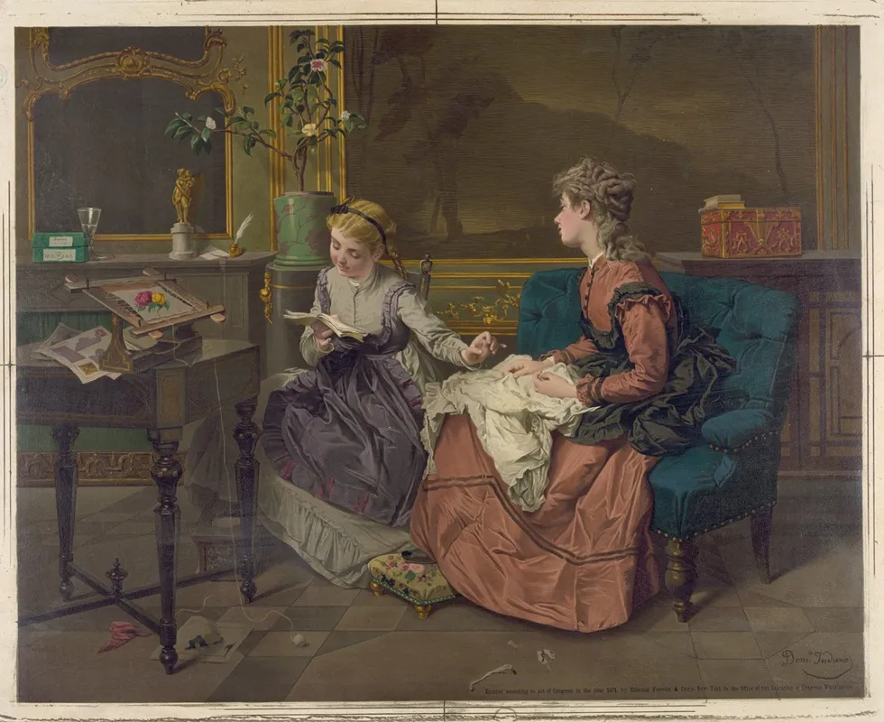 Two Girls One Reading One Sewing