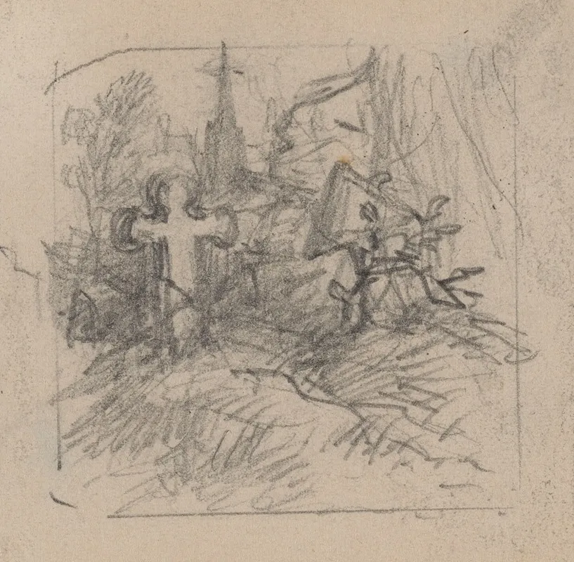 Two Graves And Church Between Trees In Background