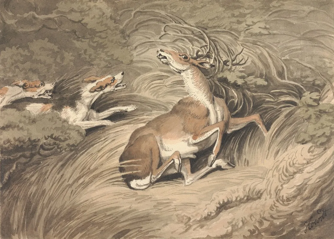 Two Hounds Attacking A Stag At Bay