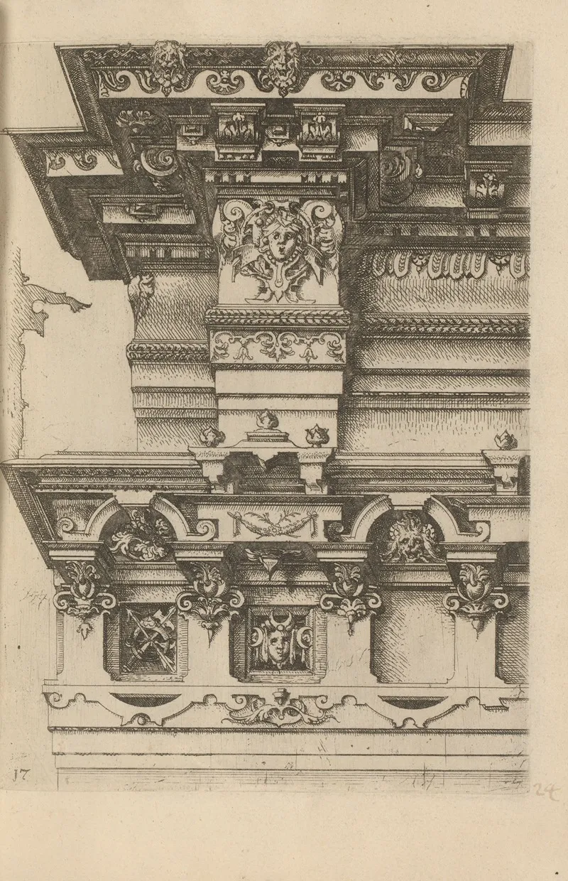 Two Ionic Capitals Decorated With Mascarons And Foliage by Wendel Dietterlin - Canvas Print