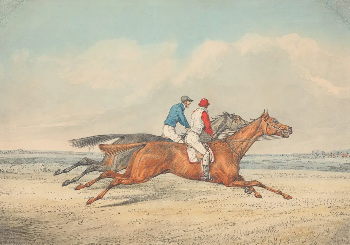 Two Jockeys Galloping Neck And Neck To Right