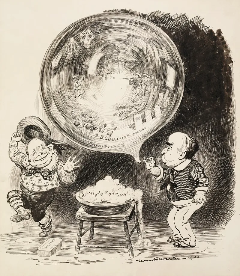 Two Men Depicted As Boys Use Soap Representing Politics And The Administration To Blow A Giant Bubble Representing The Philippines War