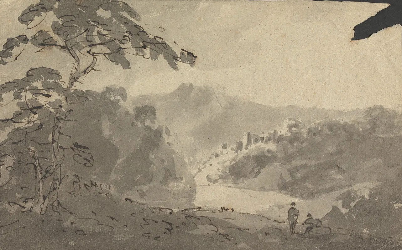 Two Men Looking Into Landscape With Castle River And Mountain Scene