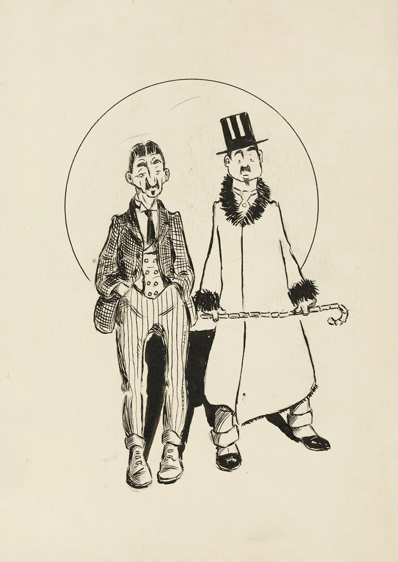 Two Men One In A Three Piece Suit With Striped Pants The Other With A Coat That Has Fur On The Cuffs And Collar A Top Hat And Cane by Harold Imbrie - Canvas Print