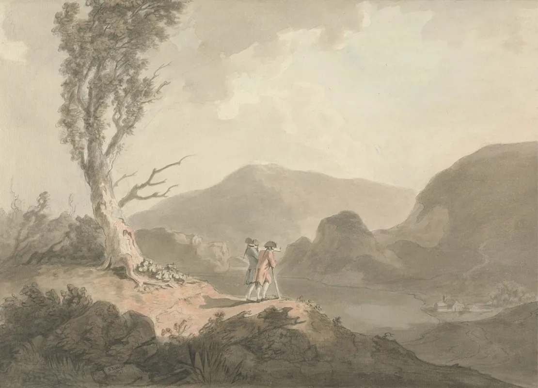 Two Men With Telescope Looking Across A River