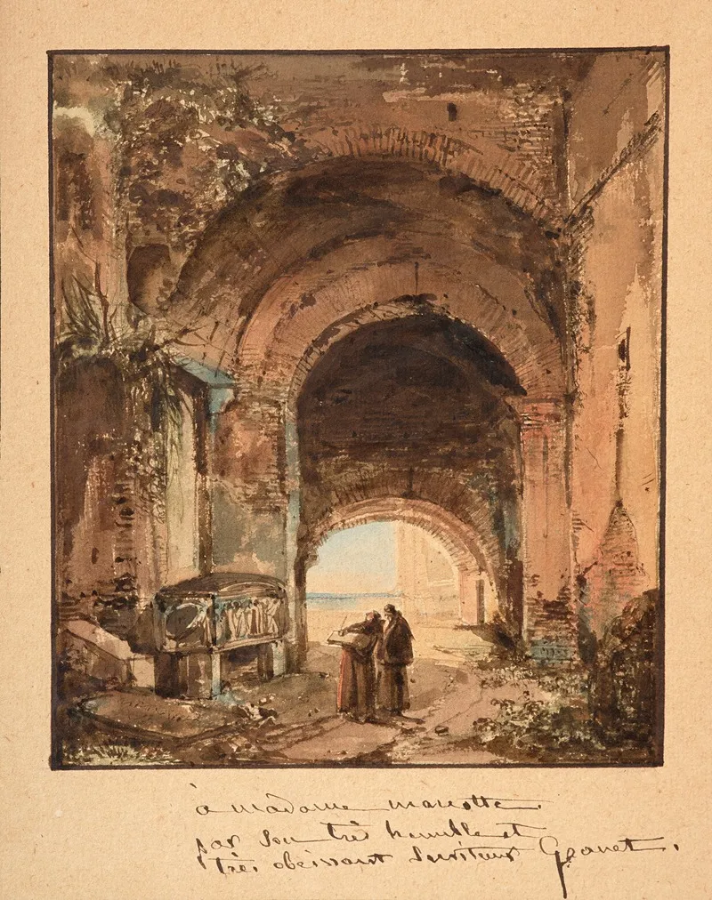 Two Monks In Front Of An Ancient Tomb Under Roman Arcades by François-Marius Granet - Canvas Print