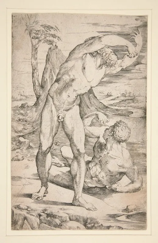 Two Nude Men In A Landscape by Domenico Beccafumi - Canvas Print