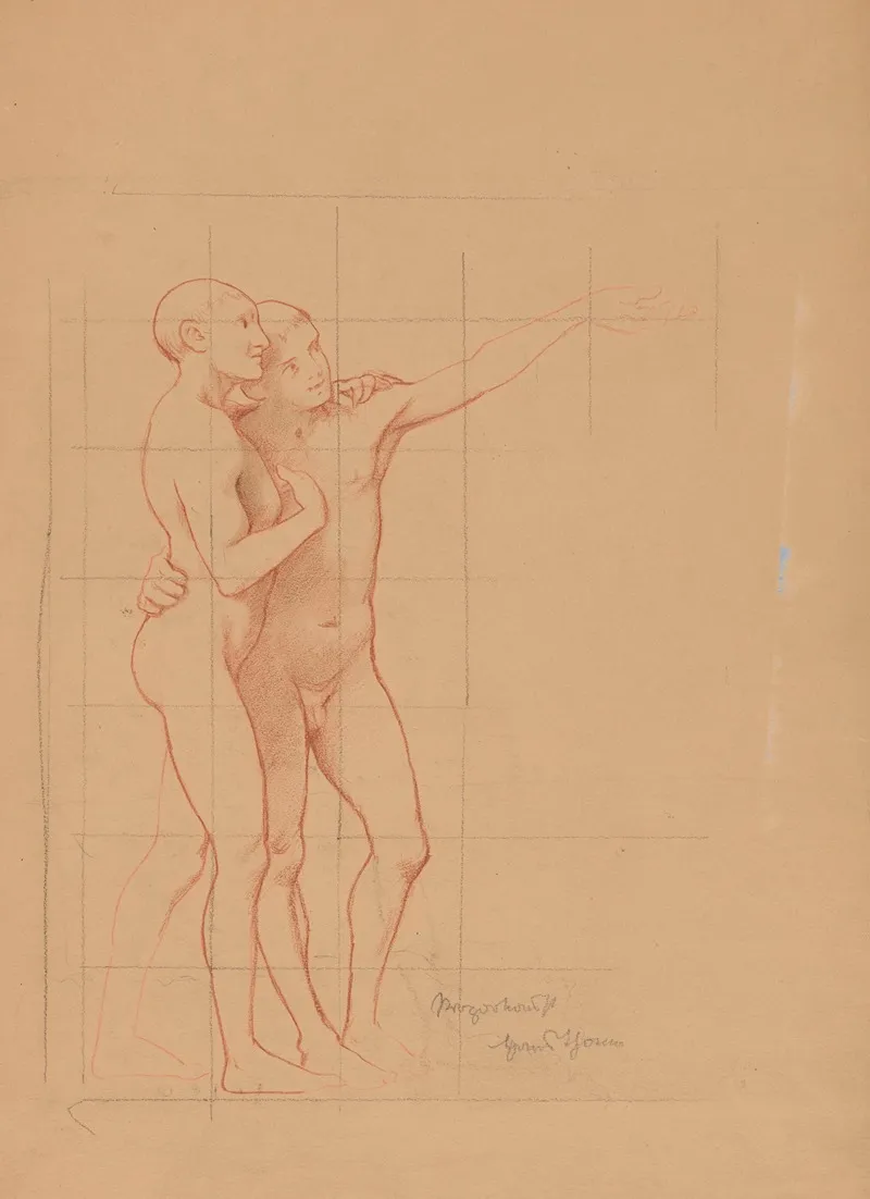 Two Nude Young Men Embracing Each Other by Hans Thoma - Canvas Print