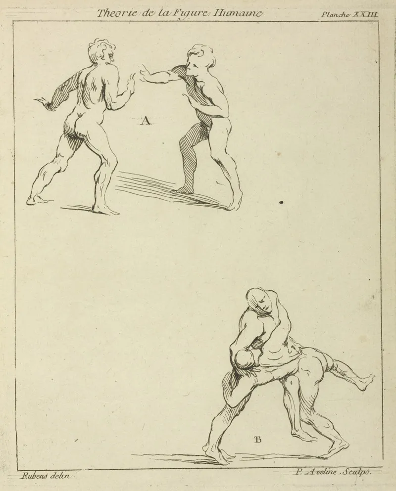 Two Pairs Of Figures One Pair Extending Right Arms Toward Each Other The Other Pair Wrestling