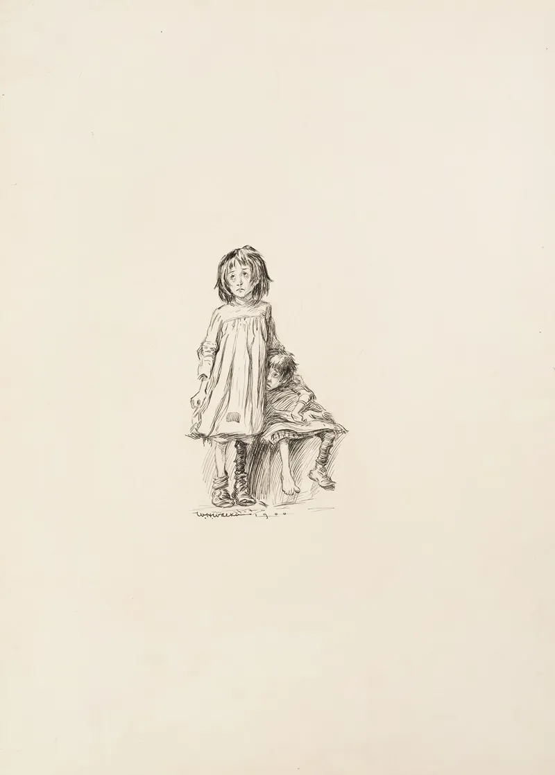 Two Poor Children Dress In Ragged Clothes