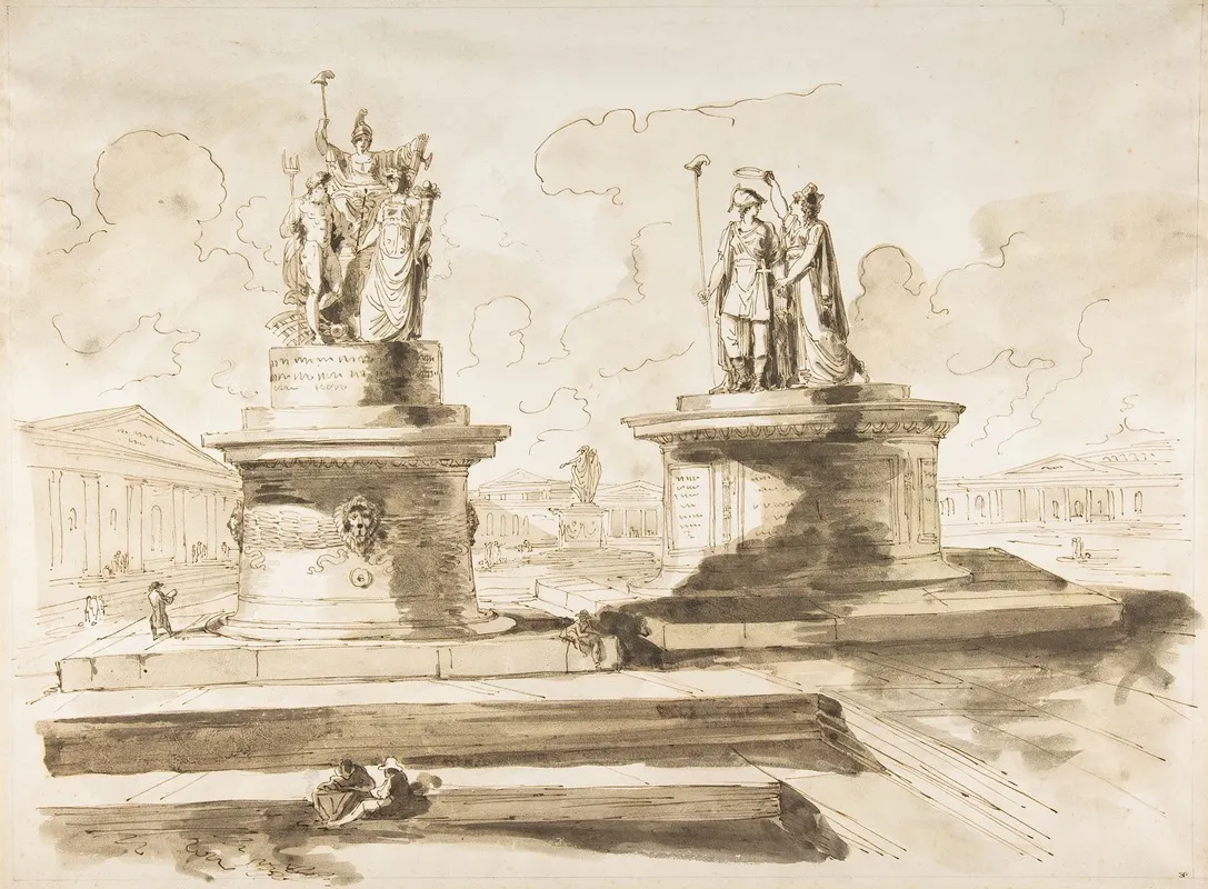 Two Sculptures On Pedestals by Felice Giani - Canvas Print
