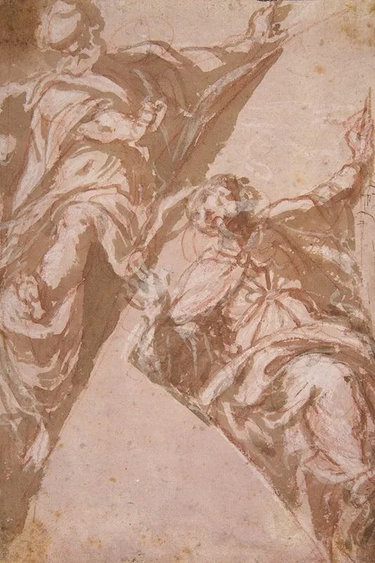 Two Seated Male Figures Within Spandrels by Andrea Schiavone - Canvas Print