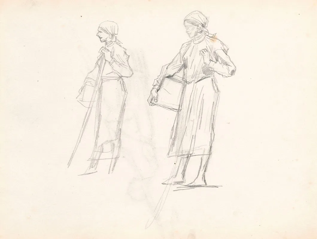 Two Sketches Of A Country Woman With A Pail Sketch For The Painting Going Hunting
