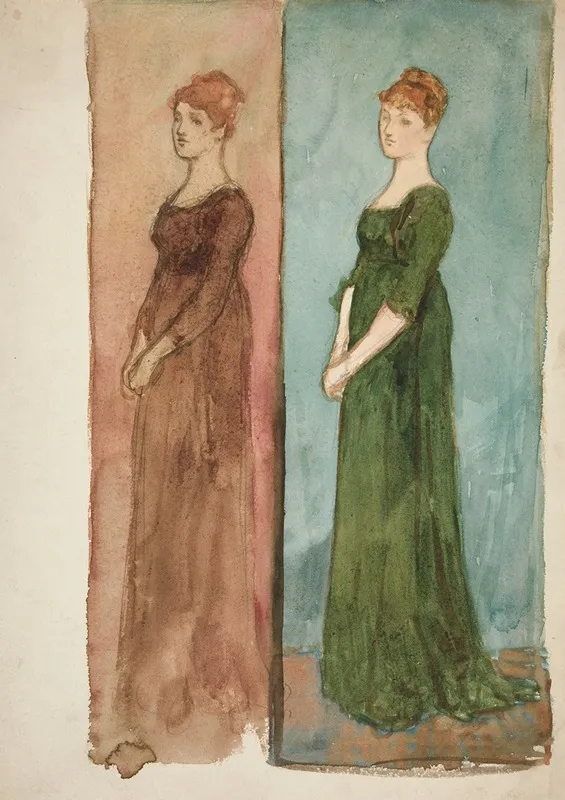 Two Sketches Of A Woman Dressed In Red In Green Costume Studies For A Play