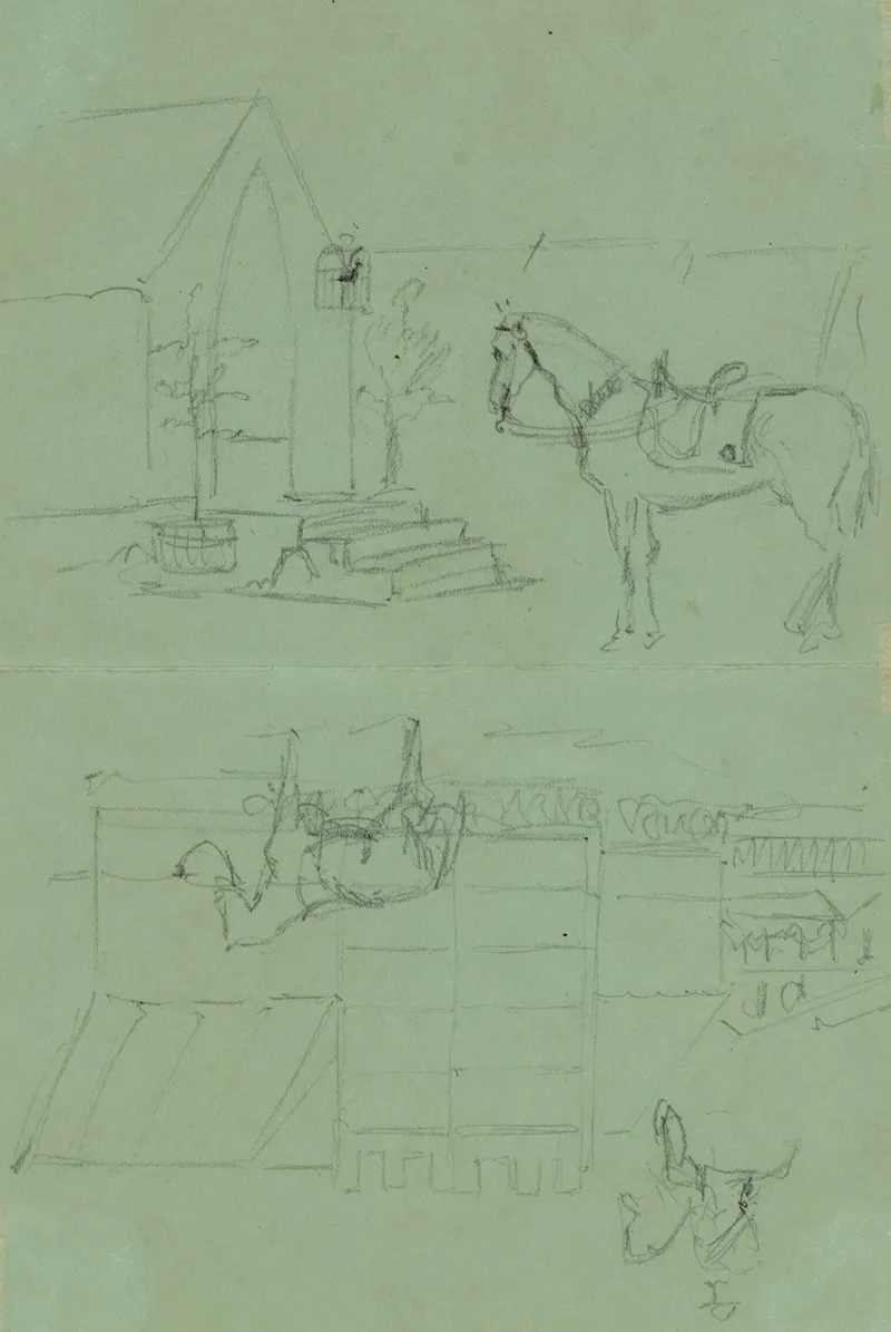 Two Sketches Of Horse Outside Tent