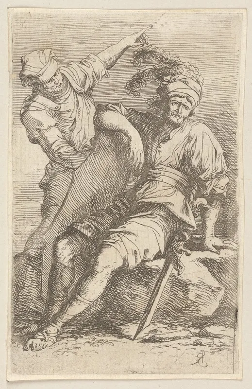 Two Soldiers One Seated With Sword And Shield