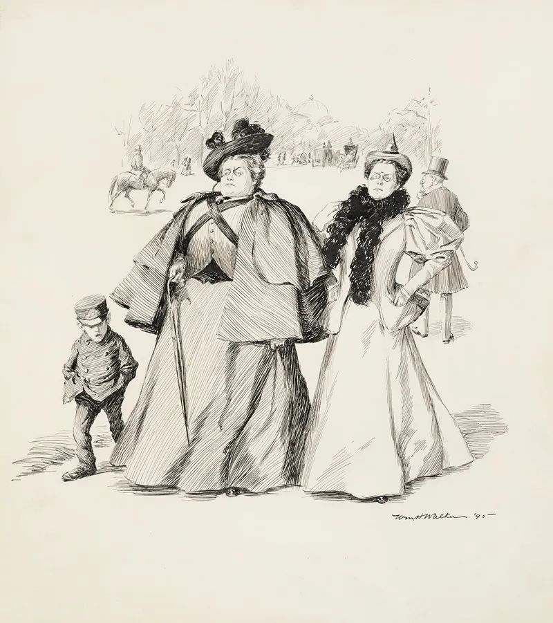 Two Stern Women Walking In A Park With A Young Talkative Boy