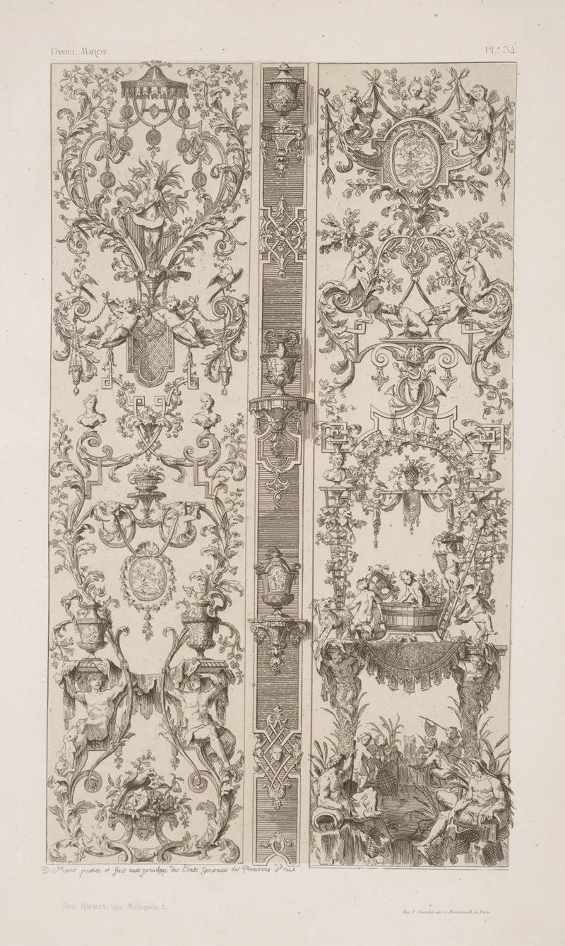 Two Vertical Designs Separated By Designs For Urns Supported By Brackets by André-Charles Boulle - Canvas Print