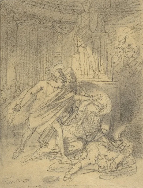 Two Warriors In Classical Costume Bending Over Two Figures