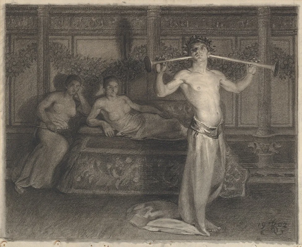 Two Women In An Interior Listening To A Young Musician In Antique Times by Kristian Zahrtmann - Canvas Print