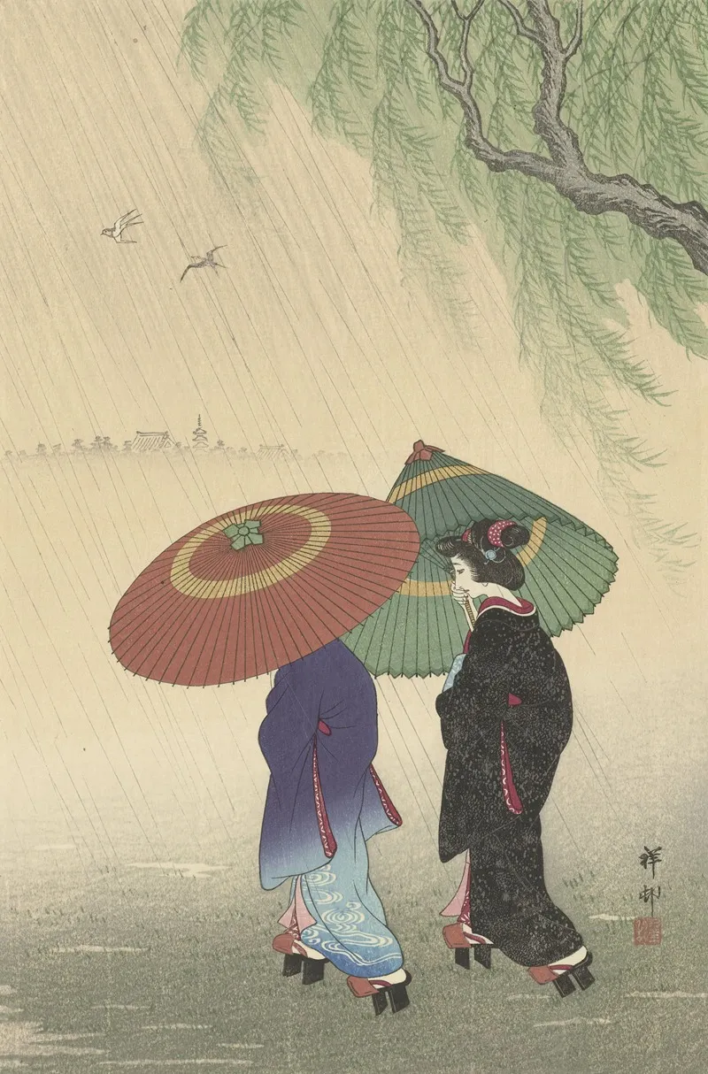 Two Women In The Rain by Ohara Koson - Canvas Print