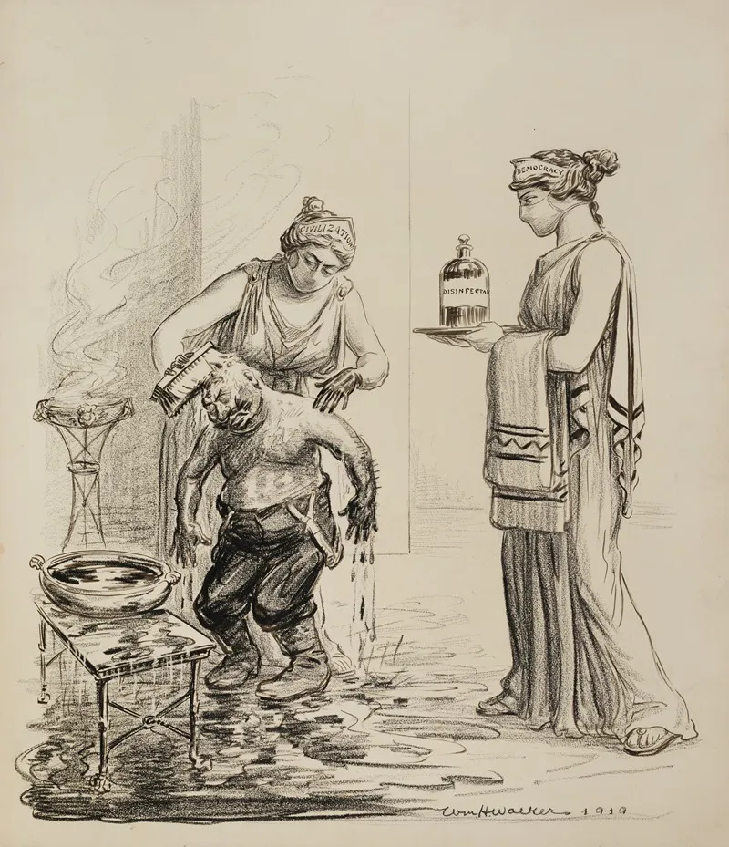 Two Women Representing Civilization And Democracy Wear Surgical Masks And Scrub Down Kaiser Wilhelm Ii With Disinfectant