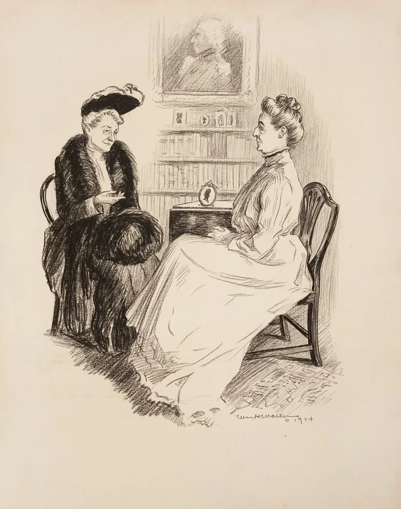 Two Women Sit Talking In A Parlor