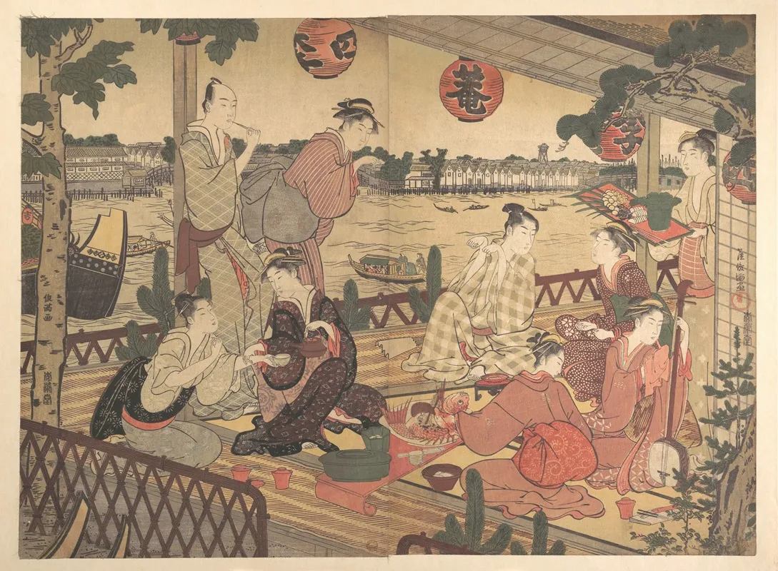 Two Young Men And Several Women Dining At A Tea House On The Bank Of The Sumida River