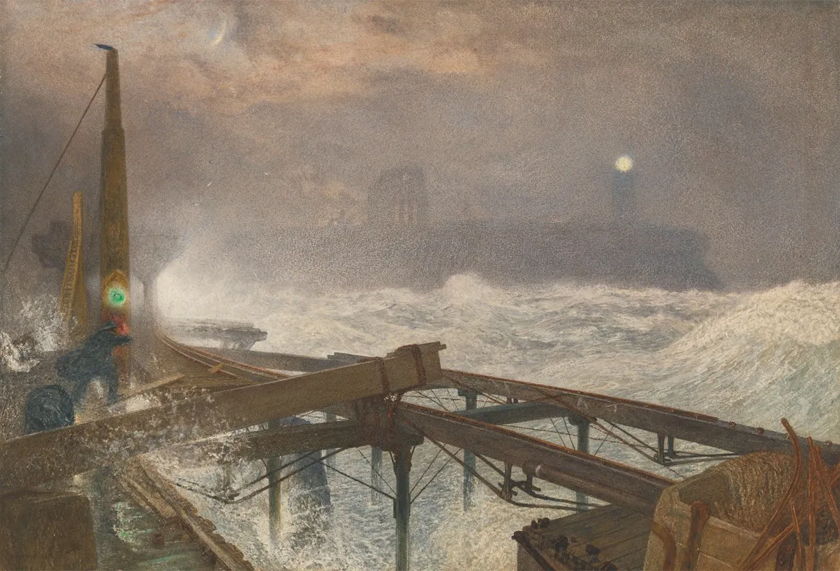 Tynemouth Pier Lighting The Lamps At Sundown by Alfred William Hunt - Canvas Print