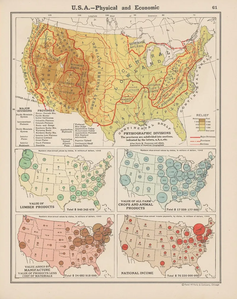 U S A Physical And Economic by John Paul Goode - Canvas Print