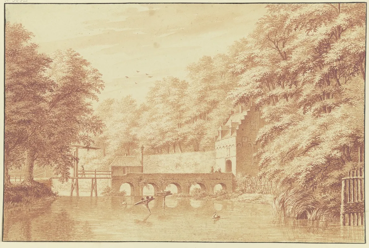Uber Ein Wasser Fuhrt Eine Steinbrucke Von Funf Bogen Nach Einem Parktor Auf Dem Wasser Zwei Schwane by Gerard van Rossum - Canvas Print