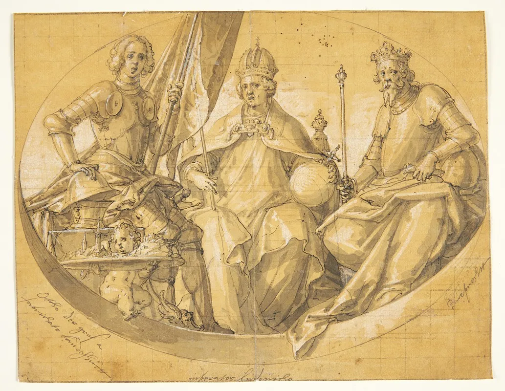 Udkast Til Et Ovalt Loftsmaleri Forestillende Kongerne Otto Den Store 912 973 Ludvig Den Rige 1417 1479 Og Ruprecht 1352 1410 by Friedrich Sustris - Canvas Print