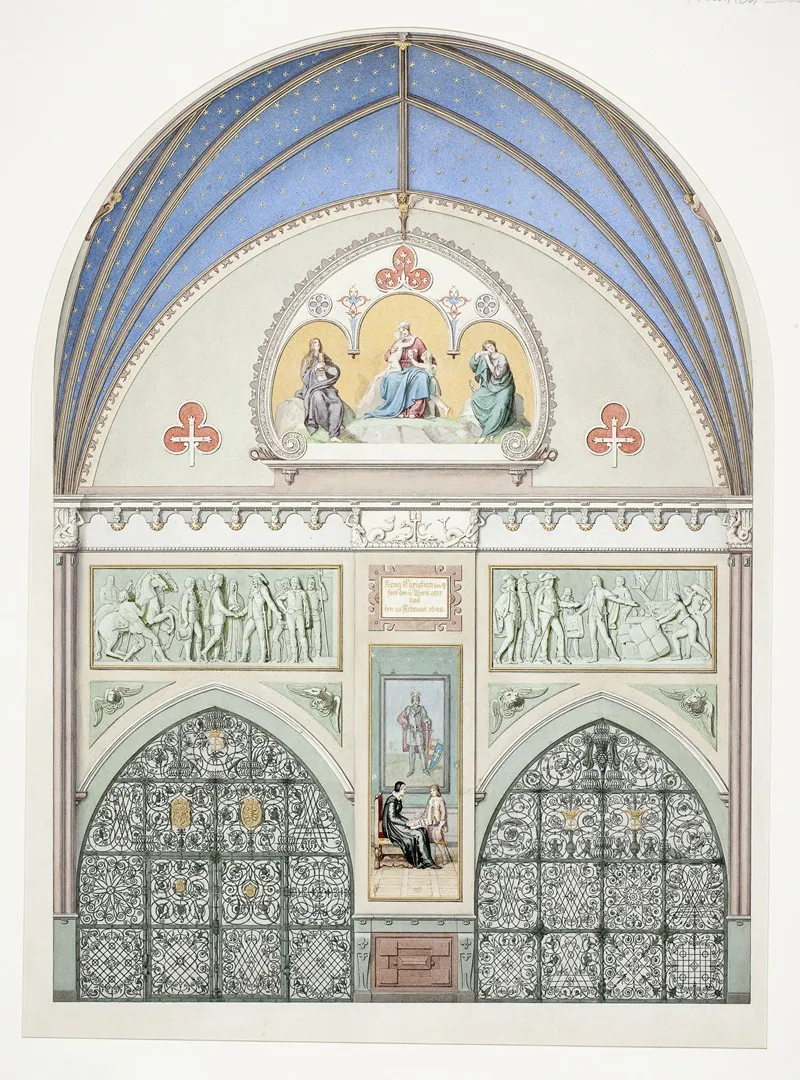 Udkast Til Hvaelvingens Dekoration I Christian Ivs Kapel I Roskilde Domkirke I Midten Christian Iv Som Barn Herover To Friser Med Scener Fra Kongens Liv