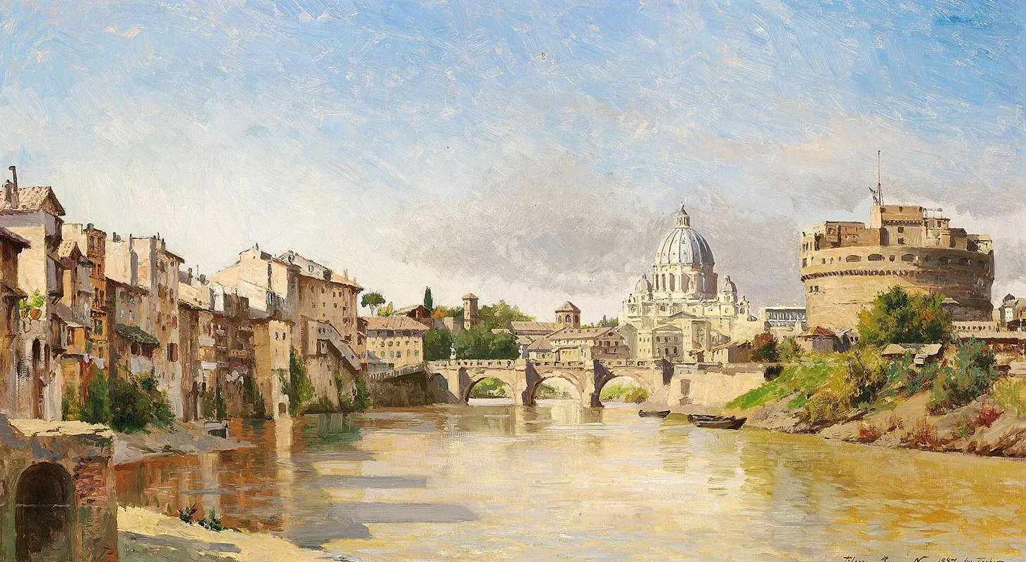 Udsigt Over Tiberen Mod Engelsborg Og Peterskirken by August Fischer - Canvas Print
